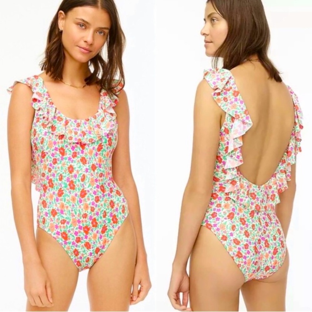 J Crew Floral Flower Ruffle One Piece Swimsuit Bathing Suit 10 EUC